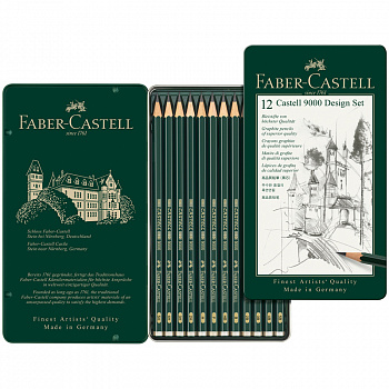 Набор ч/г карандашей Faber-Castell "Castell 9000 Design Set", 12 шт., 5H-5B, в металле