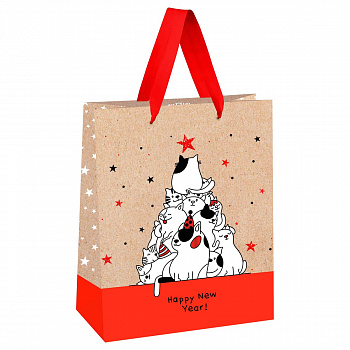 Пакет подарочный MESHU "New Year of Cats", 18х23х10см, лак, блестки, крафт